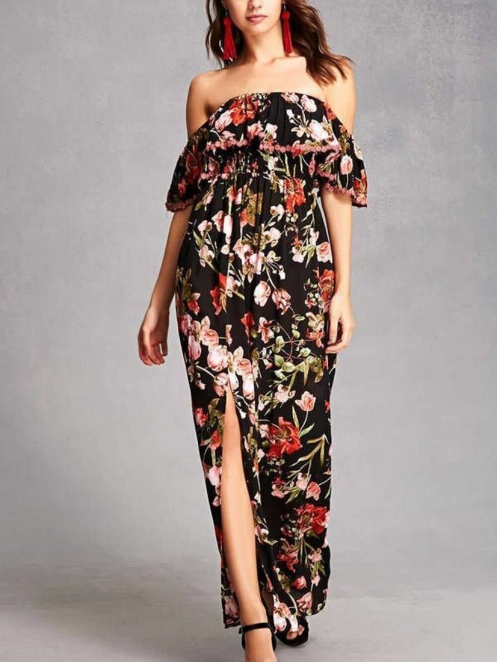 Forever 21 Black Red Indika Off-the-Shoulder Floral Maxi Dress Small S